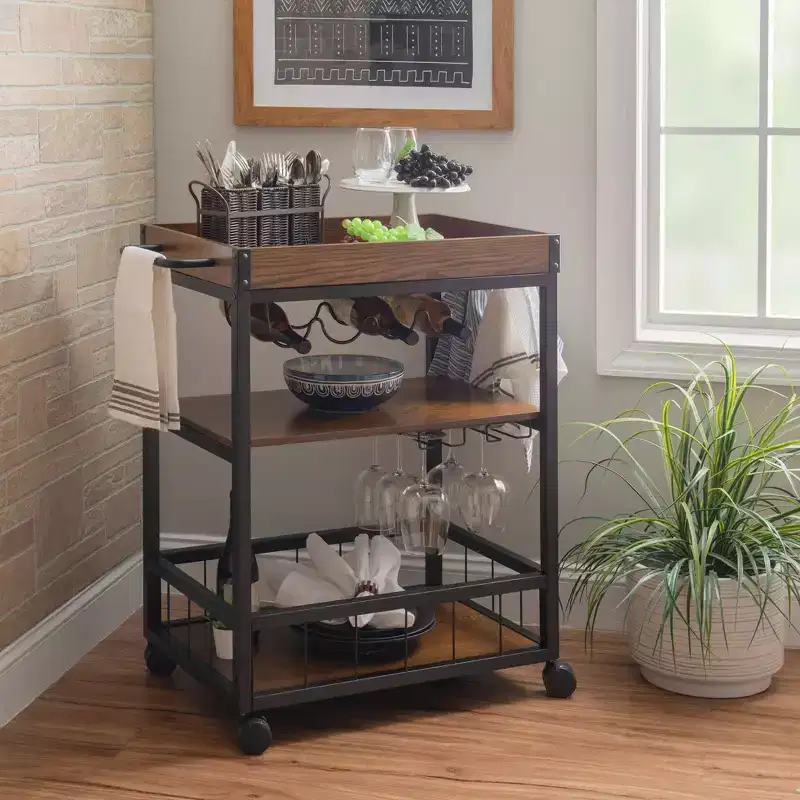 Austin Industrial Metal/Wood Kitchen Cart 3 Shelfs Bottle & Glass Racks Storage on Wheels - Linon