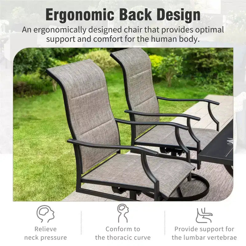 Captiva Designs 7pc Outdoor Slat-top Rectangle Steel Dining Table & Grayish Brown Padded Sling Chairs