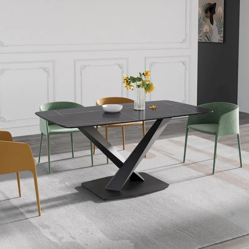 63 Rectangular Dining Table with Sintered Stone Top and Metal Legs
