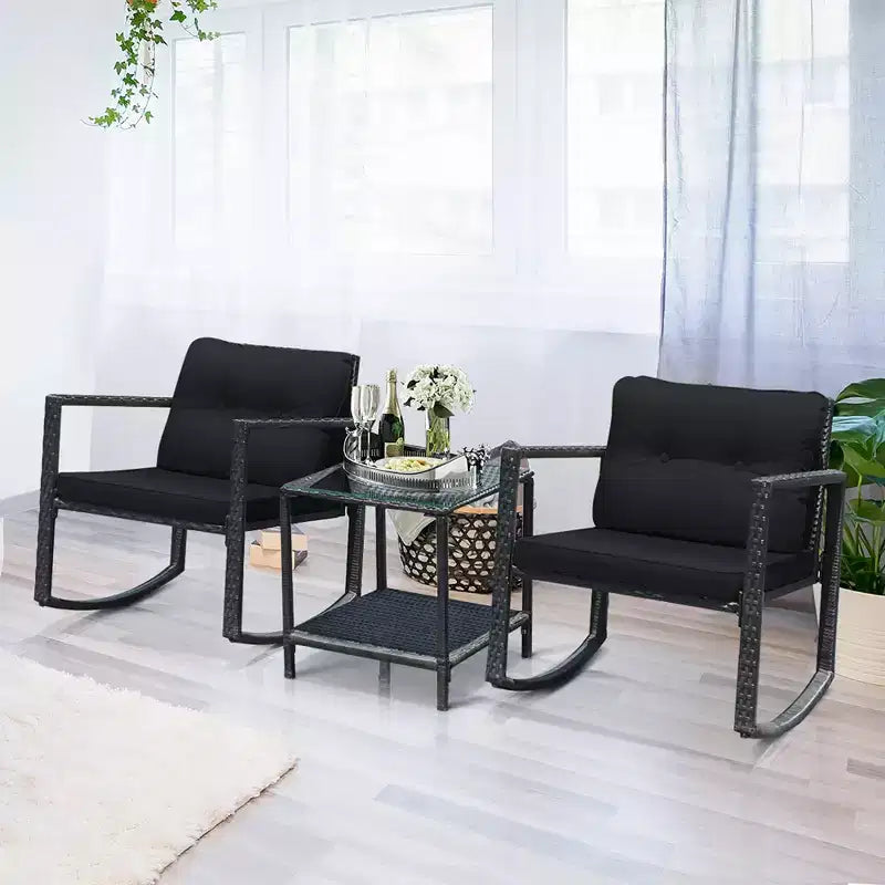 Costway 3PCS Patio Rattan Furniture Set Rocking Chairs Cushioned Sofa