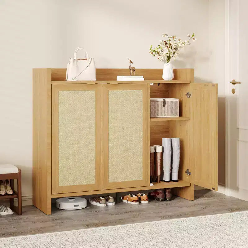 Rattan Shoe Cabinet with Adjustable Shelves – 3 Doors, Holds 24 Pairs