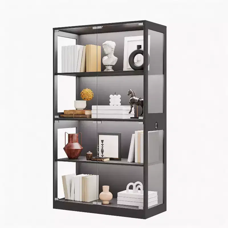 65 Display Cabinet with Glass Doors, 4-Tier Curio Cabinet with 3 Color LED Lights & Motion Sensor, Glass Display Case for Collectibles