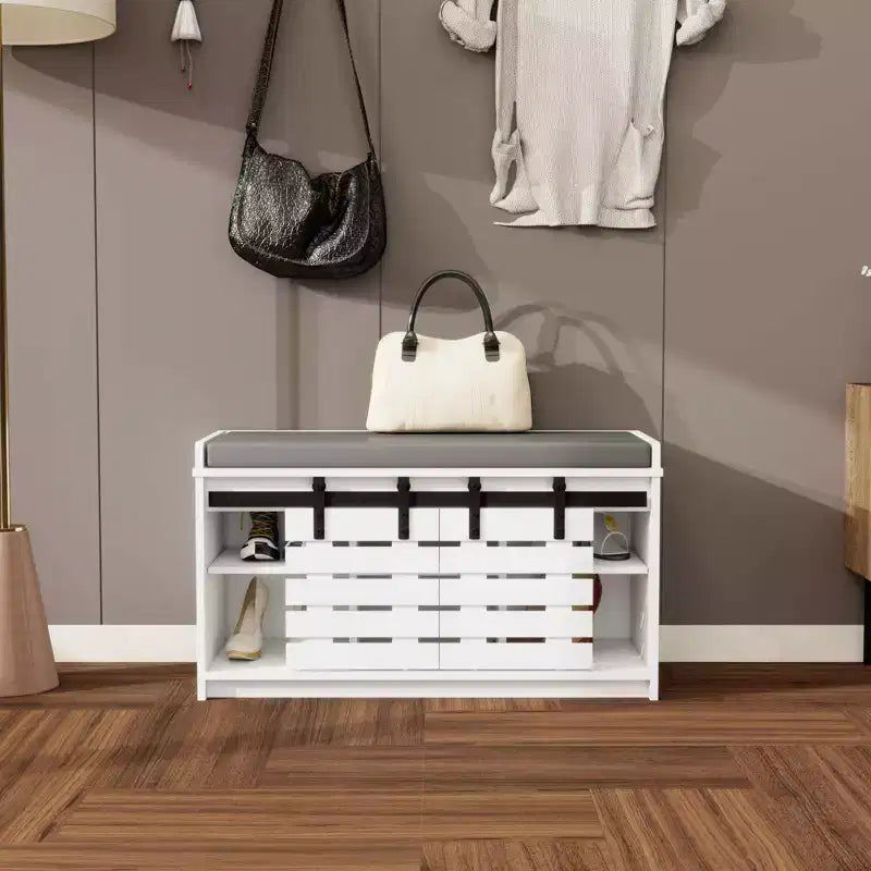 MAYEERTY 2-Tier Entryway Shoe Storage Bench, 2 Sliding Barn Doors Removable Padded Seat, Hallway Bedroom, White