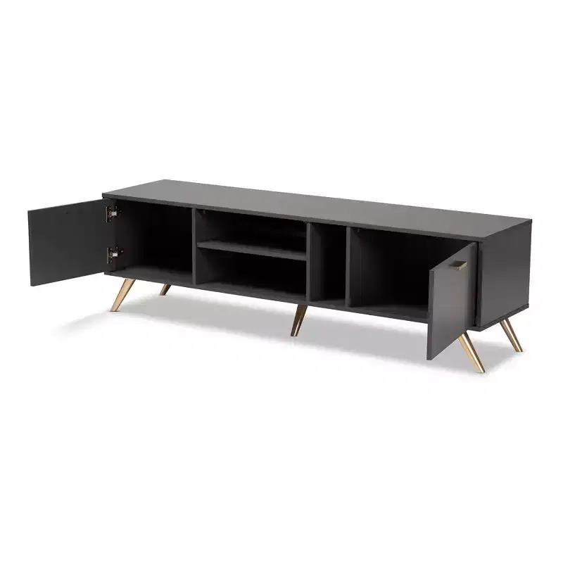 Kelson Wood TV Stand for TVs up to 55 Dark Gray/Gold - Baxton Studio: Modern Console with Storage