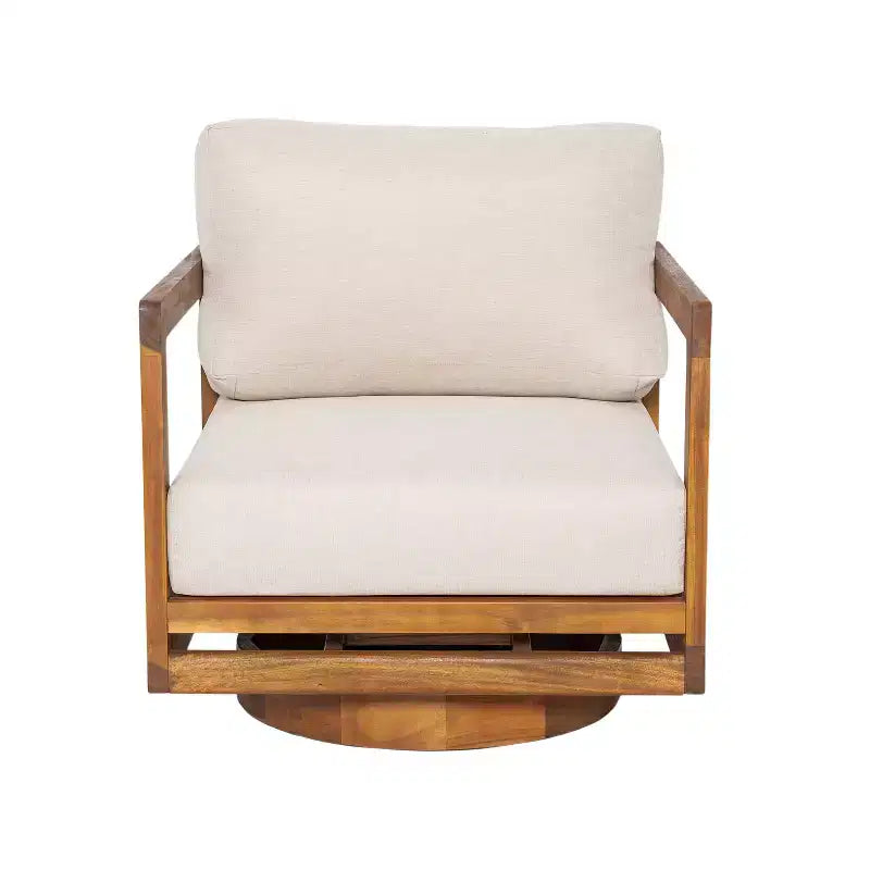 ModernLuxe Outdoor 360 Swivel Lounge Chair, Teak Finish Acacia Wood Frame with Beige Cushion, Weather-Resistant Patio Chair