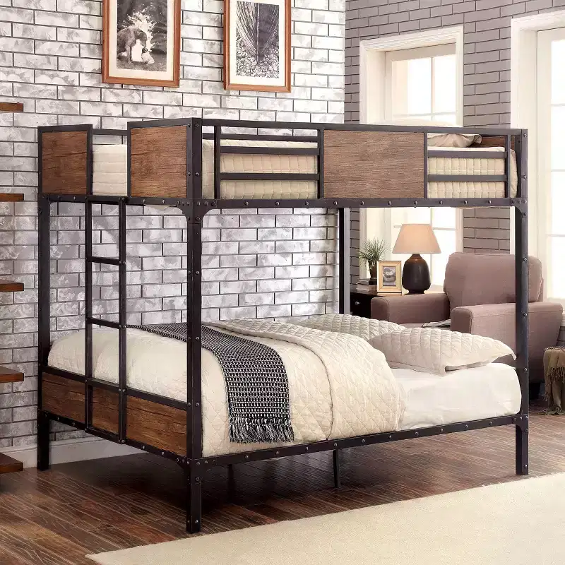 Kids Twin Over Twin Industrial Style Bunk Bed with Built-In Ladder