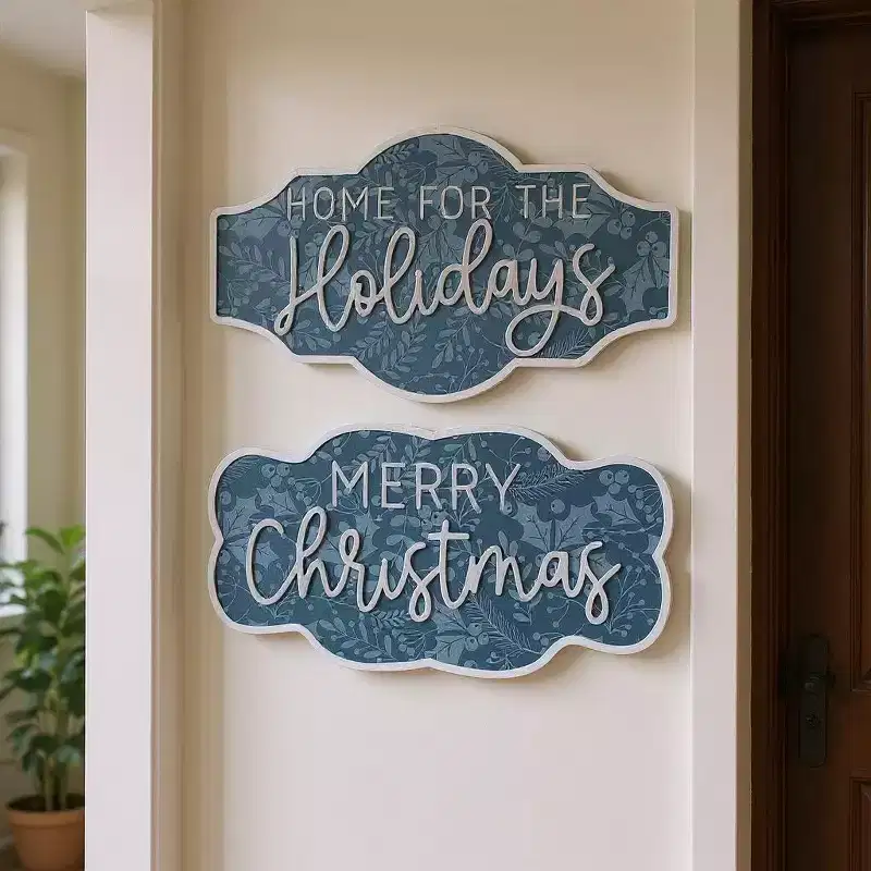 HomeRoots Set of Two Blue And White Christmas Home For The Holidays Wood Wall Decor
