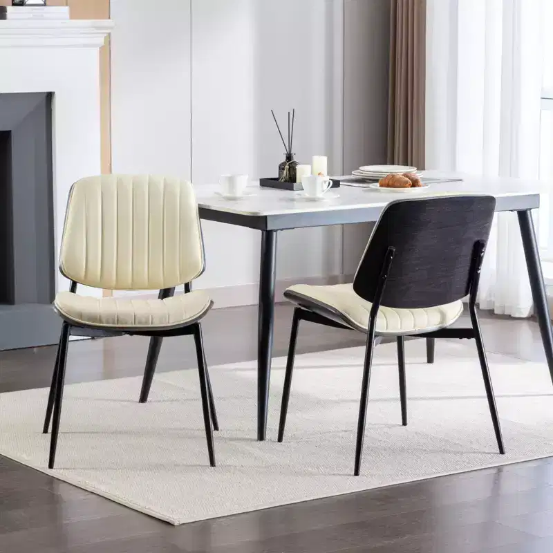 MAYEERTY Mid-Century Modern Dining Chairs - Faux Leather, Walnut Bentwood Back, Metal Legs, Adjustable Foot, Beige PU, Set of 2