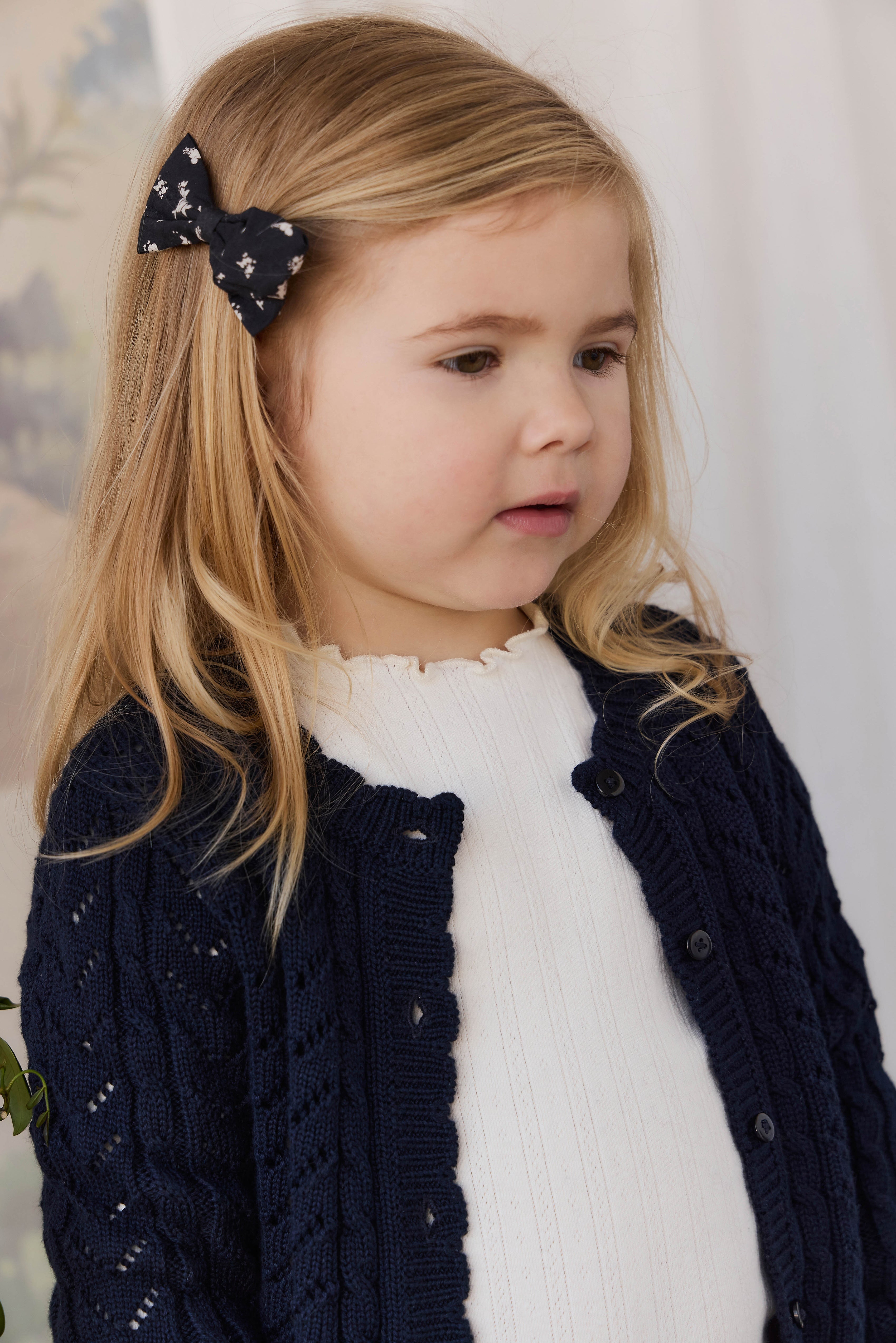 Minimalist Graphite Floral Print Organic Cotton Hair Bow with Approx. 8cm Wide Refined Cut for Girls Everyday Styling
