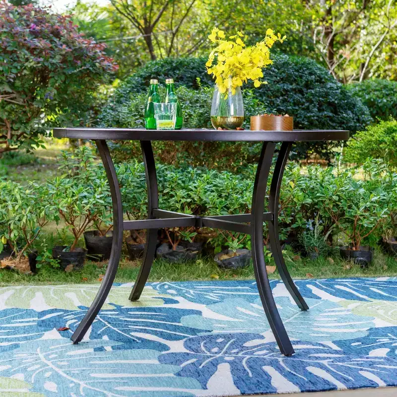 5pc Outdoor Dining Set with Striped Stackable Chairs & Round Metal Table with Umbrella Hole - Black - Captiva Designs: Steel Frame