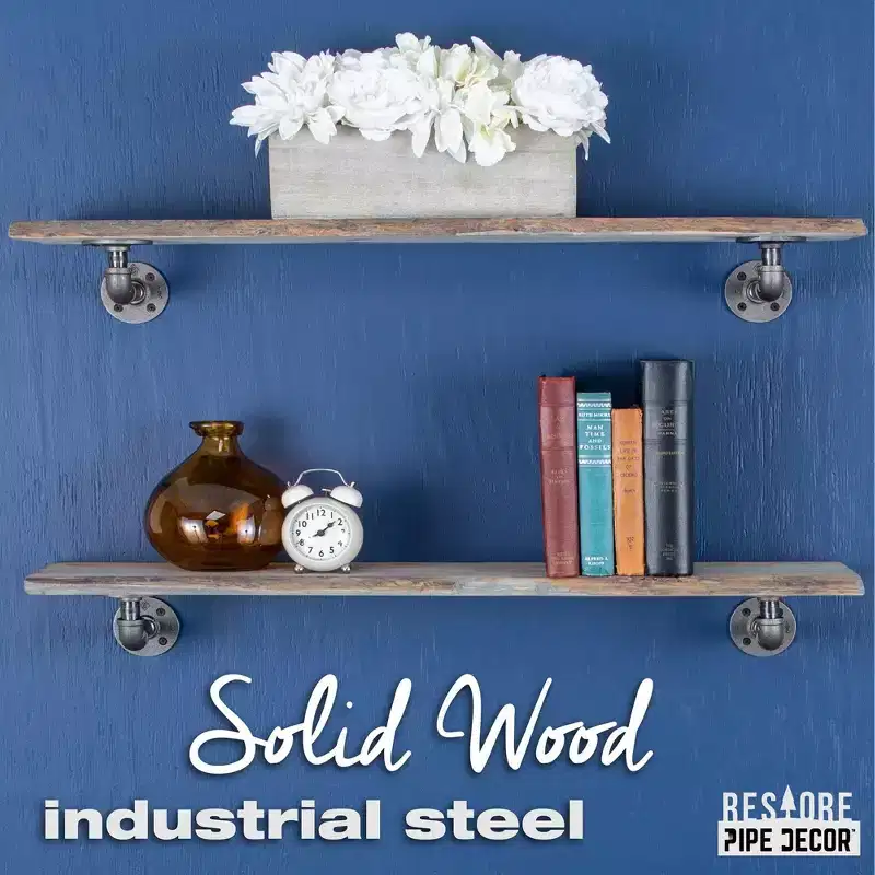 Pipe Decor 36 Riverstone Grey Live Edge Wood Shelf with L-Shaped Pipe Brackets (2-Pack)