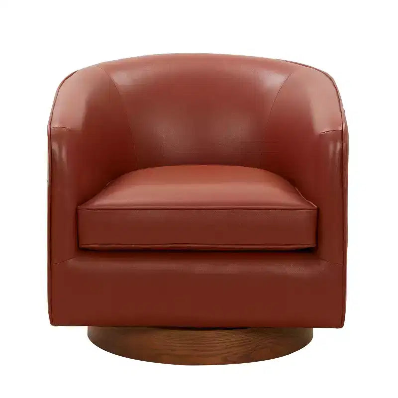 Okak Modern Top Grain Leather 360 Swivel Chair Accent Chair with Soft Cushion Barrel Sofa Chair with Wood Base for Lounge Office Bedroom