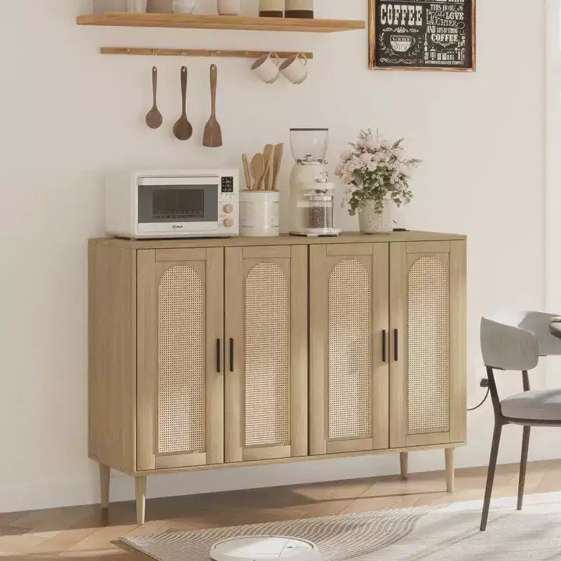 Boho Rattan Sideboard Buffet Cabinet with Power Outlet, 4 Door Storage Console Table with Adjustable Shelves for Entryway,Hallway, Dining Living Room