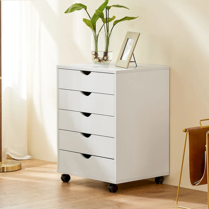 Wood Mobile 5-Drawer File Cabinet with Wheels Home Office Storage