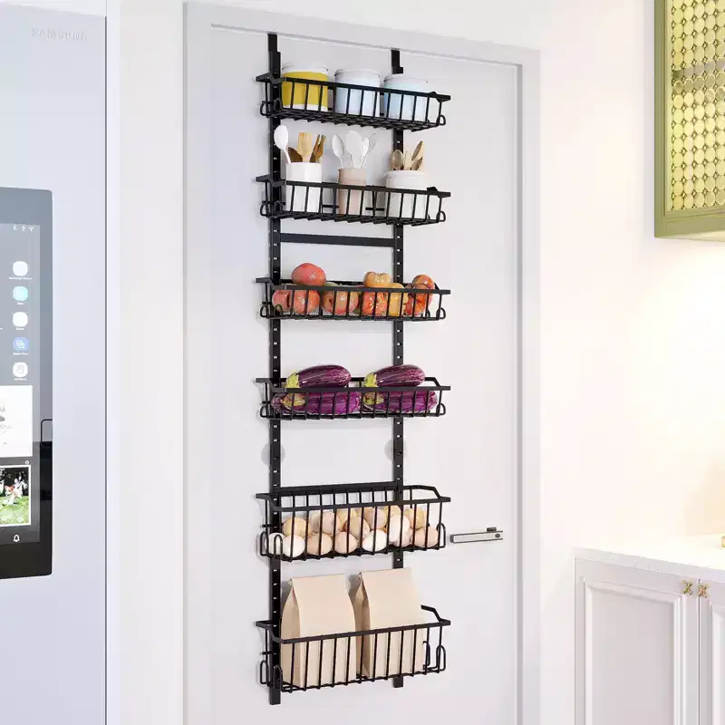 6-Tier Over The Door Pantry Organizer, Metal Door Hanging Spice Storage Rack Adjustable Hanging Door Organizer With Detachable Baskets for Kitchen