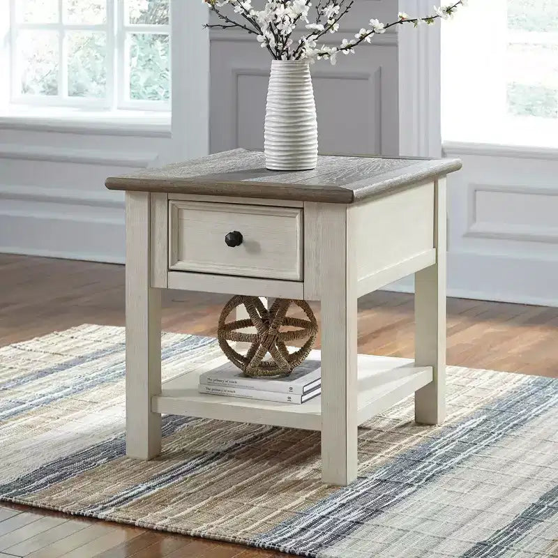 Bolanburg Rectangular End Table Brown/White: Fixed Shelf, Wood Legs, Storage Drawer