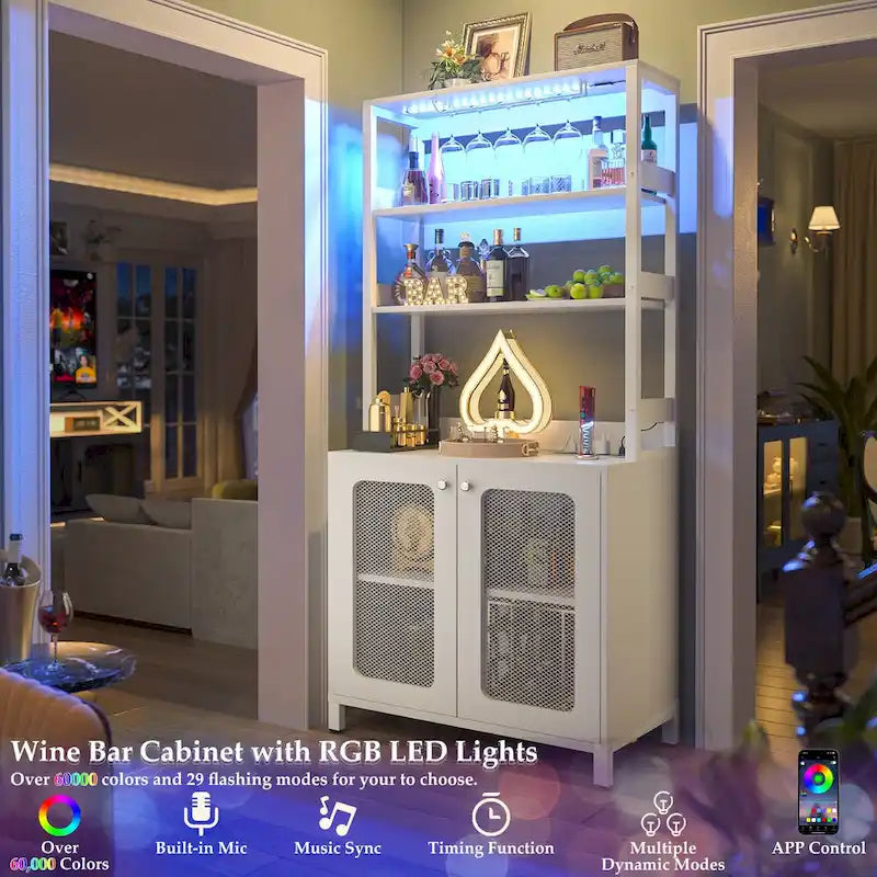67-Inch Tall Wine Bar Cabinet with LED Lights, Glass Holder and Power Outlets