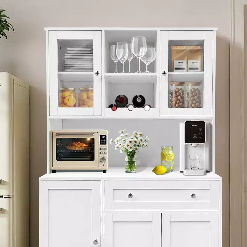 Storage Cabinet with Wine Rack, Drawers, Glass Display Doors and Microwave Shelf, Dining Room Sideboard