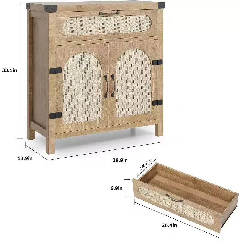 Rattan Sideboard Buffet Cabinets with Storage, MDF Sideboard, Wooden Sideboard, Boho Wooden Coffee Bar Cabinet for Dining Room, Living Room, Natural