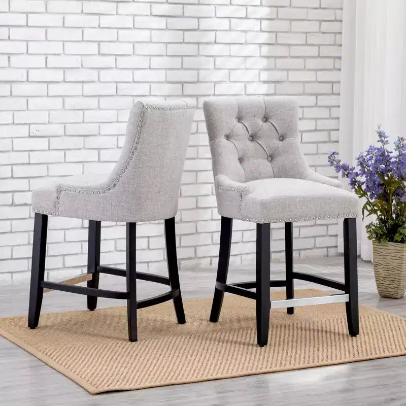 WestinTrends 24 Linen Tufted Buttons Upholstered Wingback Counter Stool (Set of 2), Light Gray