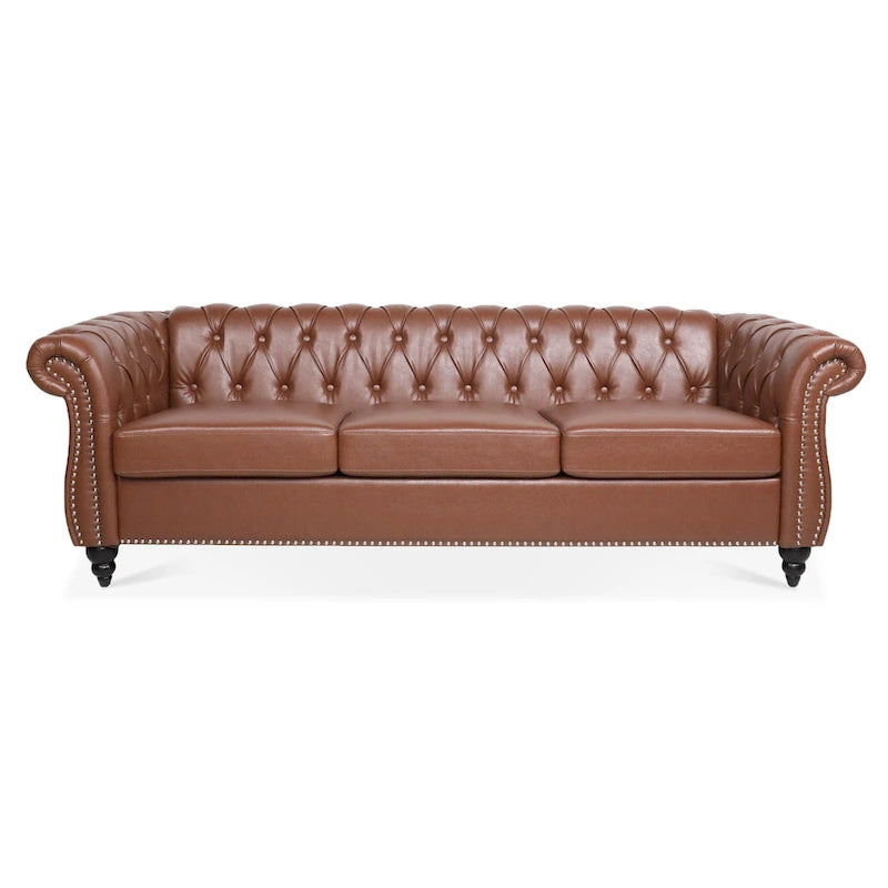 84 Mid-Century Modern 3-Seater Chesterfield Sofa, PU Leather, Birch Legs, 660 lbs