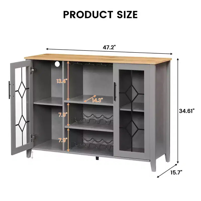 47'' Wooden Bar Cabinet with Glass Doors - Wine Storage Station with Adjustable Shelves