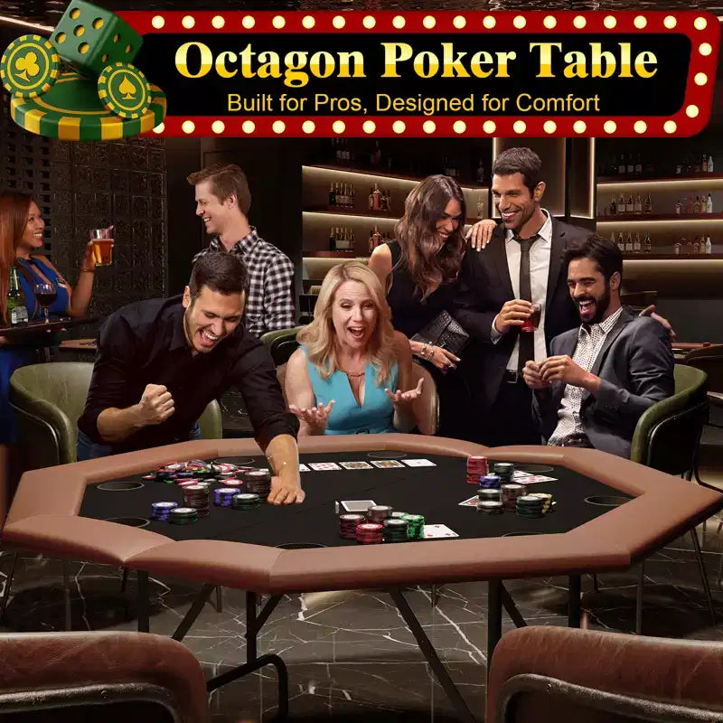 Padded Rails and Cup Holders  IdealFoldable Octagon Poker Table for 8 Players, Portable Casino Game Table with Sturdy Metal Legs, Padded Rails