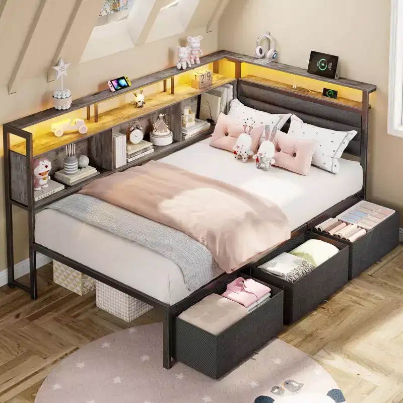 Twin Size Daybed with 3 Storage Drawers and Bookcase Gray Corner Bed Frame Charging Station LED Lights Upholstered Headboard Platform Support