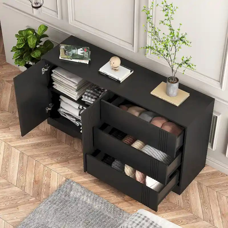 Sideboard Buffet Cabinet with 3 Drawers and 2 Door Cabinets, Black