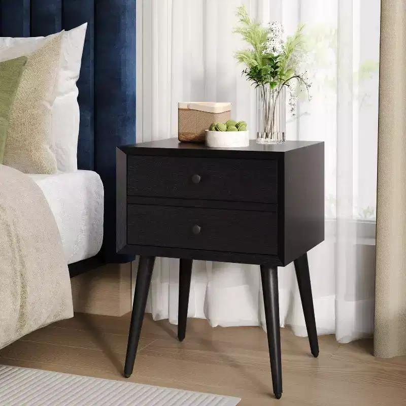 Caesar Mid-Century Modern Acacia Wood Nightstand with 2 Drawers