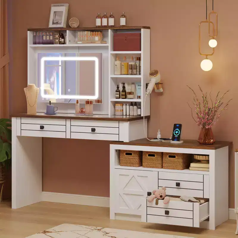 COZONY Corner Makeup Vanity, LED Mirror, Glass Top, Outlets & USB, 1 Door, 4 Drawers, 7 Shelves