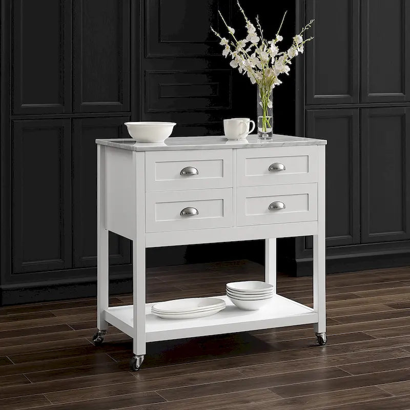Modern Farmhouse Kitchen Island Cart with 4 Drawers Faux Marble Top and Casters