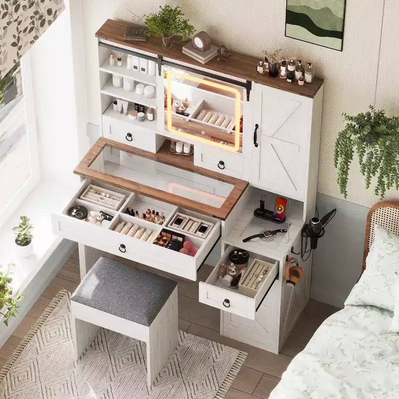 Farmhouse Makeup Vanity Desk with Sliding LED Mirror, 4 Drawers and 2 Cabinets, Charging Station, Glass Top, and Side Cabinet for Bedroom