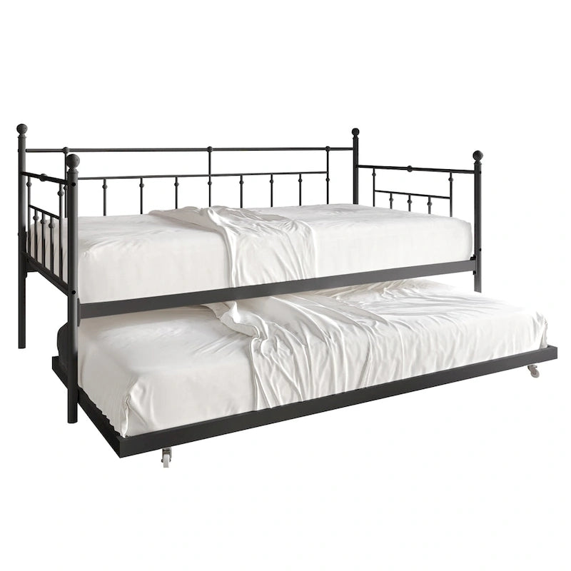 Victorian-Style Metal Twin Daybed with Roll-Out Trundle