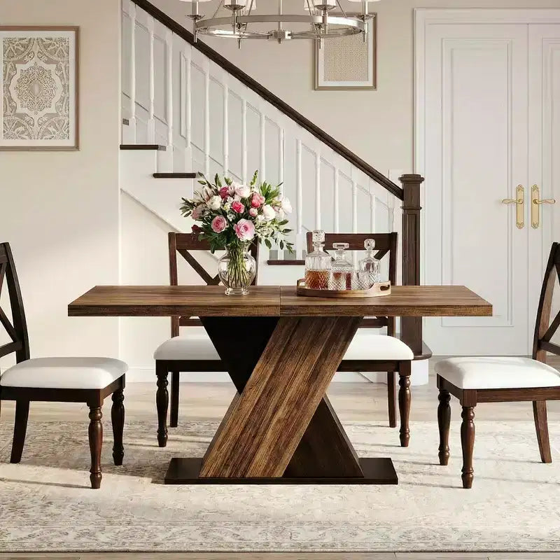 MAYEERTY 55 Farmhouse Dining Table, Dark Wood Grain 4-6 Seater Rectangular Kitchen Table, Easy Assembly