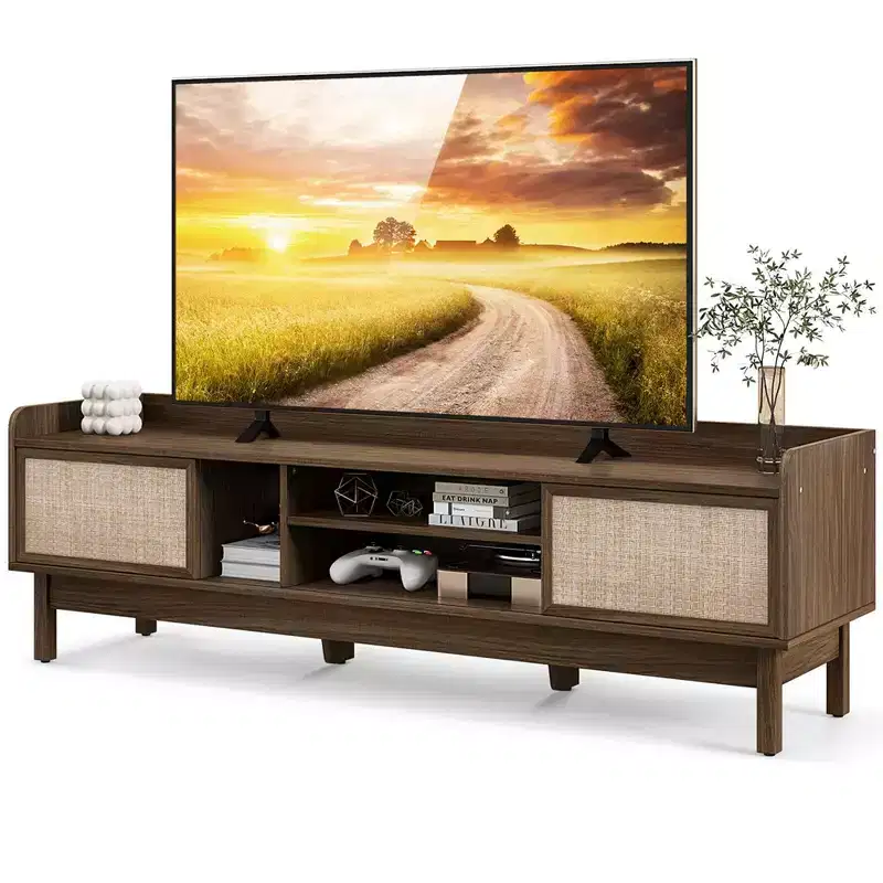 Wooden TV Stand with Storage, Adjustable Shelf & Sliding Woven Doors, Walnut