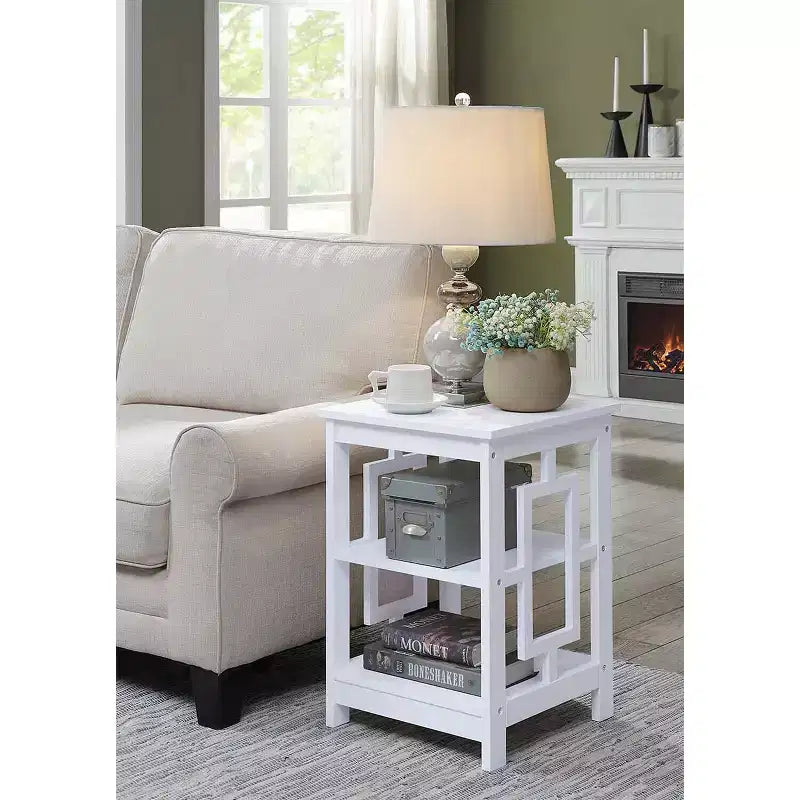 Square End Table with Large Surface and Two Open Shelves, Symmetrical Frame Design, MDF Accent Side Table