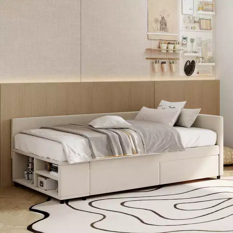 L-Shaped Platform Bed for Approx. 97 × 191 cm Mattress with Wrap-Around Storage and Drawers