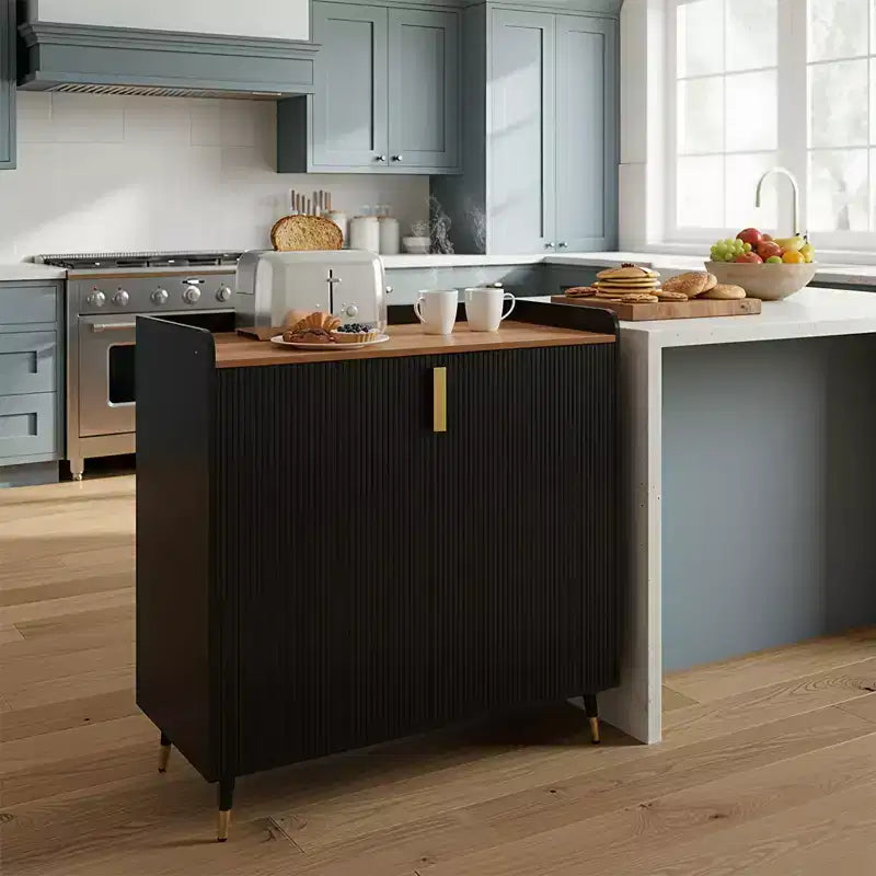 Small Black Sideboard Cabinet with Fluted Doors and Built-In Wine Rack