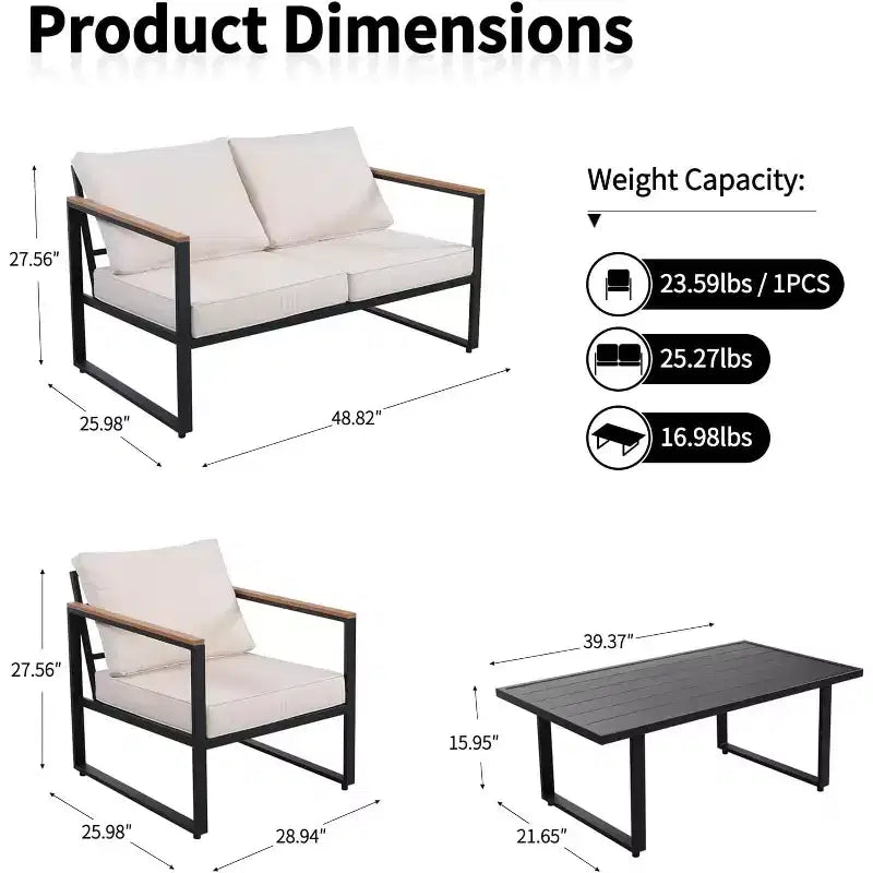 4-Piece Metal Patio Furniture Set | All Weather Outdoor Conversation Set with Thick Cushions and Coffee Table | Ideal for Backyard,Balcony,Courtyard