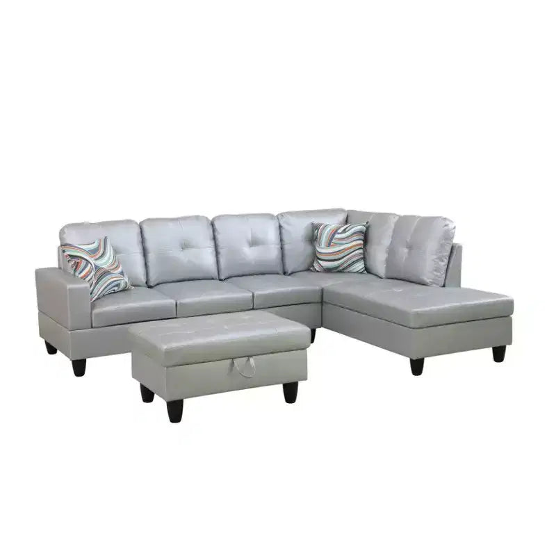 Light Grey Semi-PU Leather Sectional Sofa - Modern L-Shaped Design, Tufted Cushions, Decorative Pillows, Storage Ottoman
