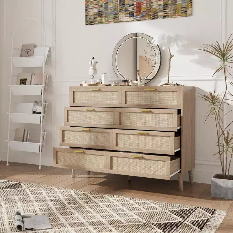 8 Drawer Rattan Dresser,Wooden Chest of Drawers with 5 Solid Wood Legs,Mid Century Modern Dresser for Closet with Handles for Bedroom, Living Room