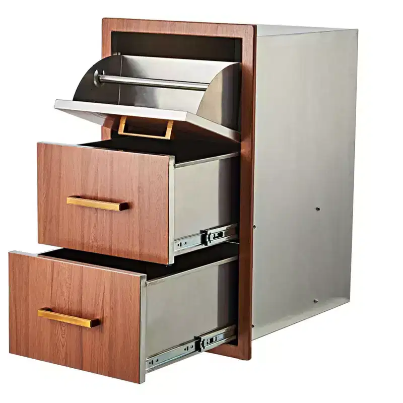 Outdoor Kitchen Drawers 17 W x 30 H x 21 D, Flush Mount Triple BBQ Drawers with Stainless Steel Handle, Paper Towel Holder Combo for BBQ Island