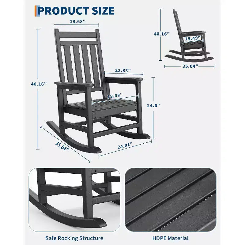 Outdoor Rocking Chair, Poly High Back Porch Rocker Chairs for Adults, All Weather Resistant Furniture for Patio & Front Porch