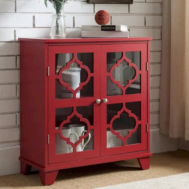 Red Finish Wood Door Console Table with Moroccan Glass Panel Doors
