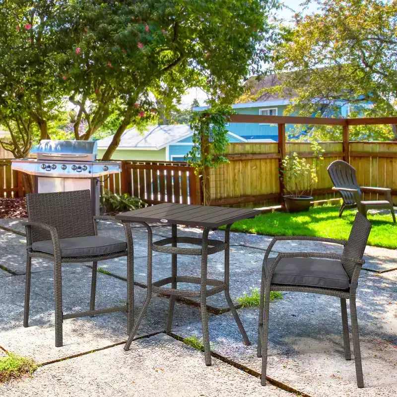 Outsunny 3 PCS Rattan Wicker Bar Set with Wood Grain Top Table and 2 Bar Stools for Outdoor, Patio, Poolside, Garden
