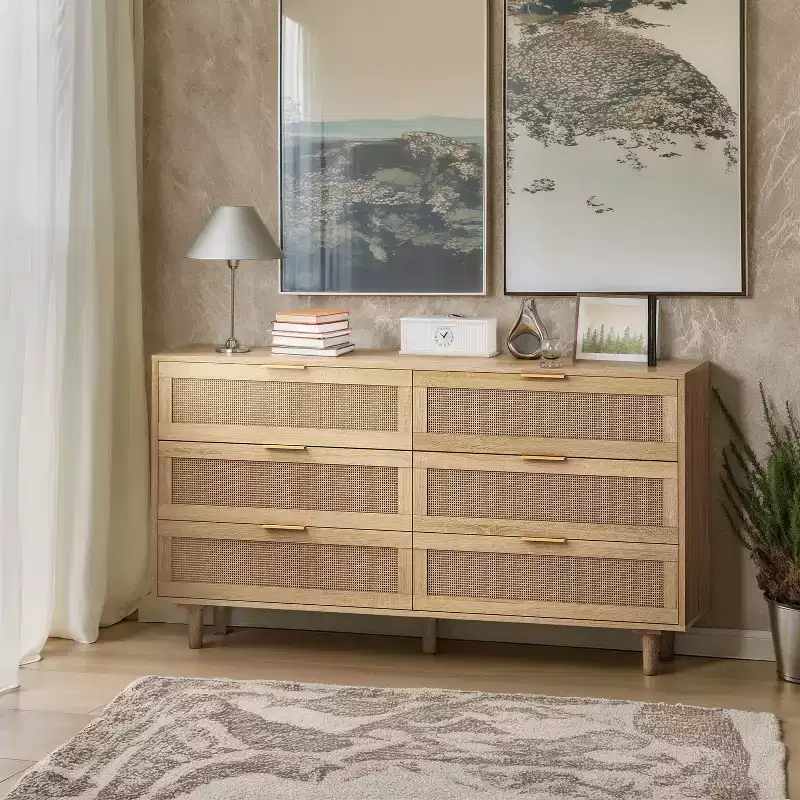 JVNOXK 51.18-inch 6-Drawer Wooden Storage Cabinet with Natural Rattan Drawers, Suitable for Bedrooms and Living Rooms, Natural Finish