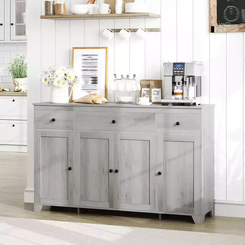 55 Sideboard Buffet Cabinet with Storage, Minimalist Kitchen Storage Cabinet with Adjustable Shelf 3 Drawers & 4 Doors for Dining Living Room- White