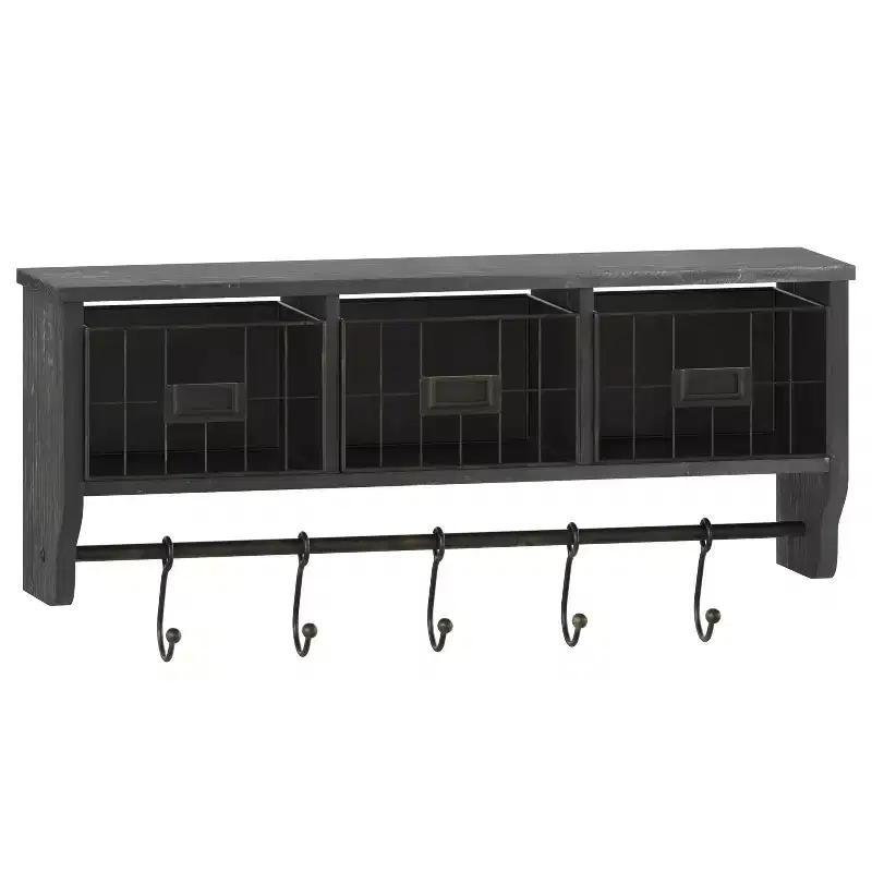 Merrick Lane Wall Mount 24 Inch Solid Pine Wood Storage Rack with Upper Shelf, 5 Hooks, and Wire Baskets for Living Room, Kitchen, or Entryway