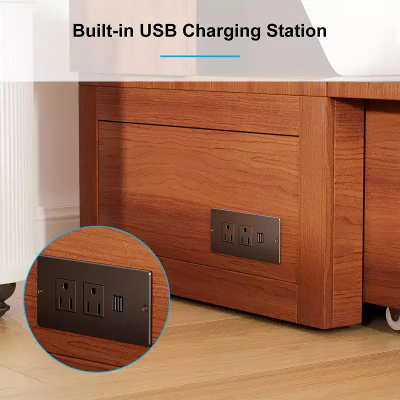 Queen Murphy Bed with Foldable Mattress, Storage Drawer & USB Charging Station, Wood Cabinet